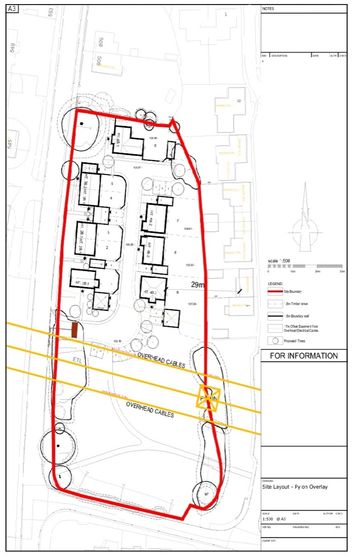 Site layout plan for a development crossed by a 400kV overhead line.
