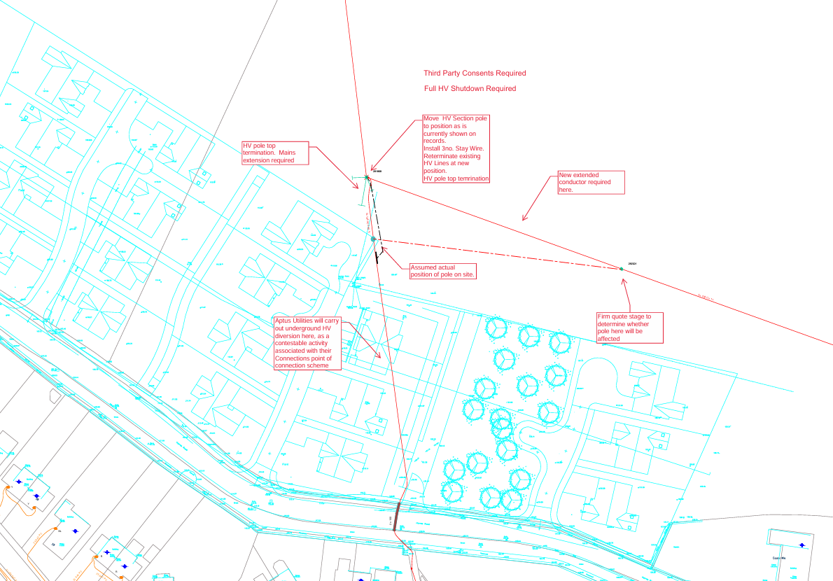 Diversion drawing for an 11kV overhead line crossing a development.
